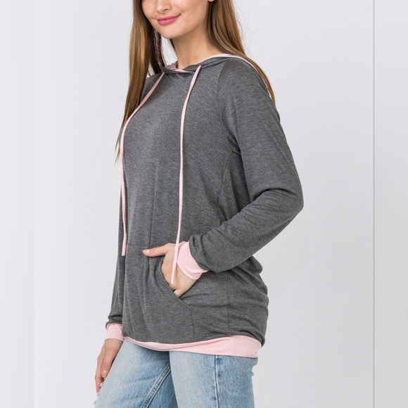 NEW Egs by éloges Charcoal & Pink Two Tone Color Block Hoodie Small - Picture 2 of 11